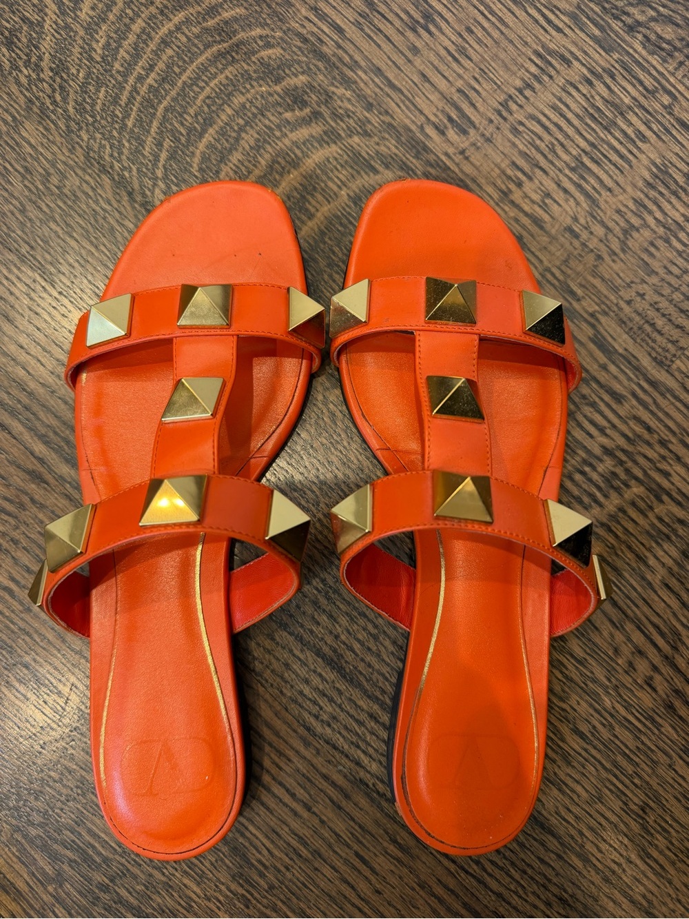 Valentino Neon Orange 🍊 Leather Slide Sandals with Gold Pyramid Rock Studs, 38